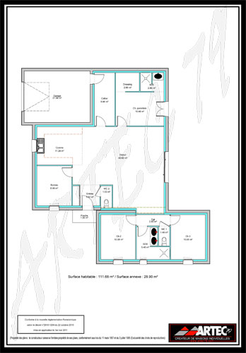 plan maison 3 chambres et un bureau